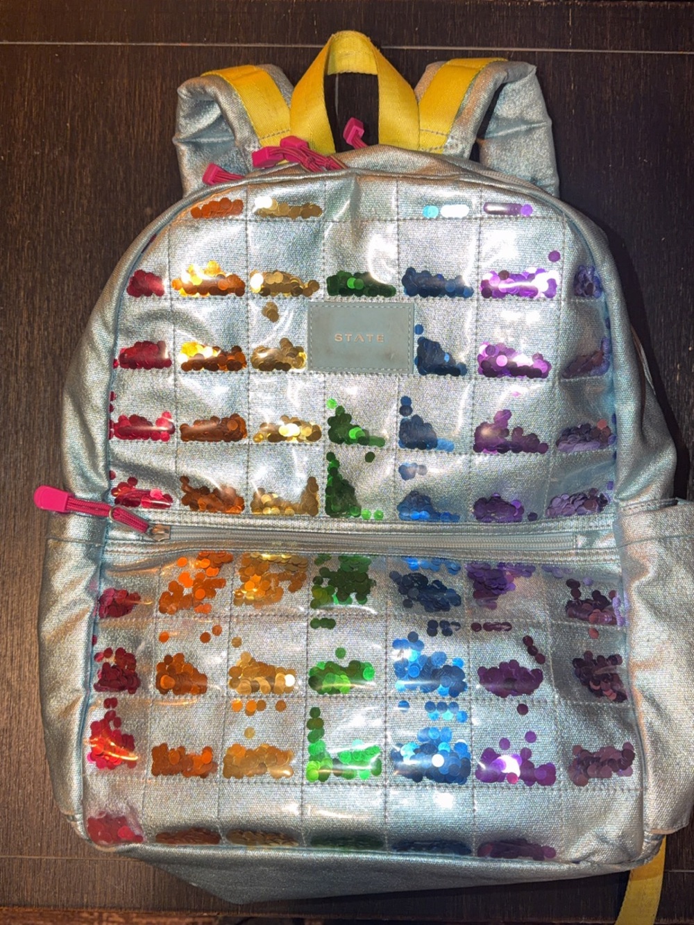 STATE Kids Silver Backpack with Rainbow Sequin Grid